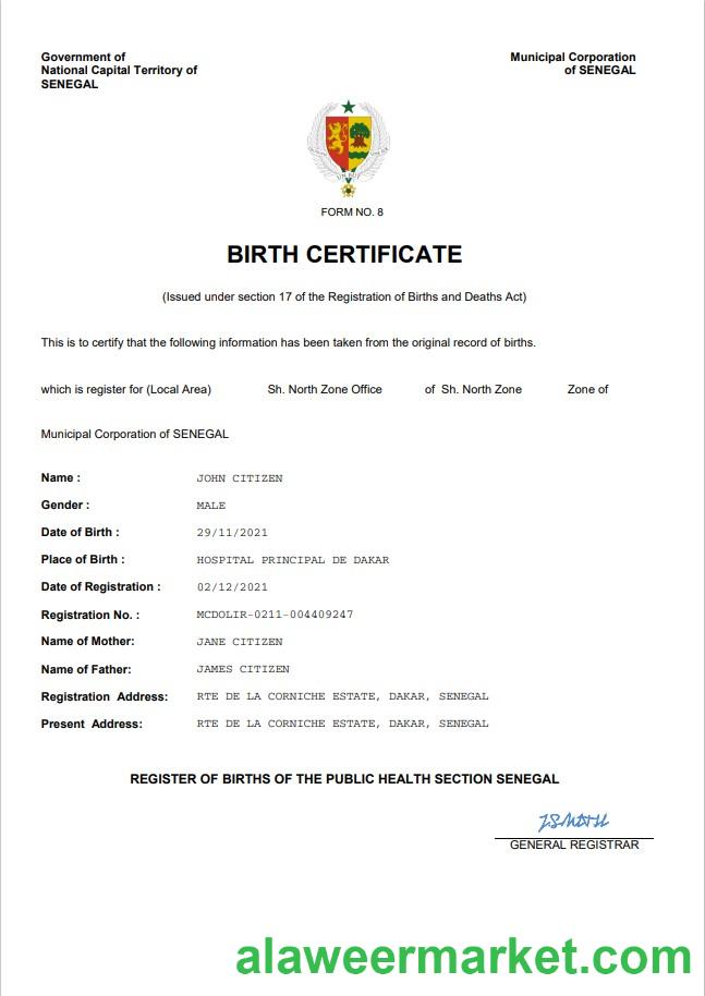 Senegal vital record birth certificate Word and PDF template
